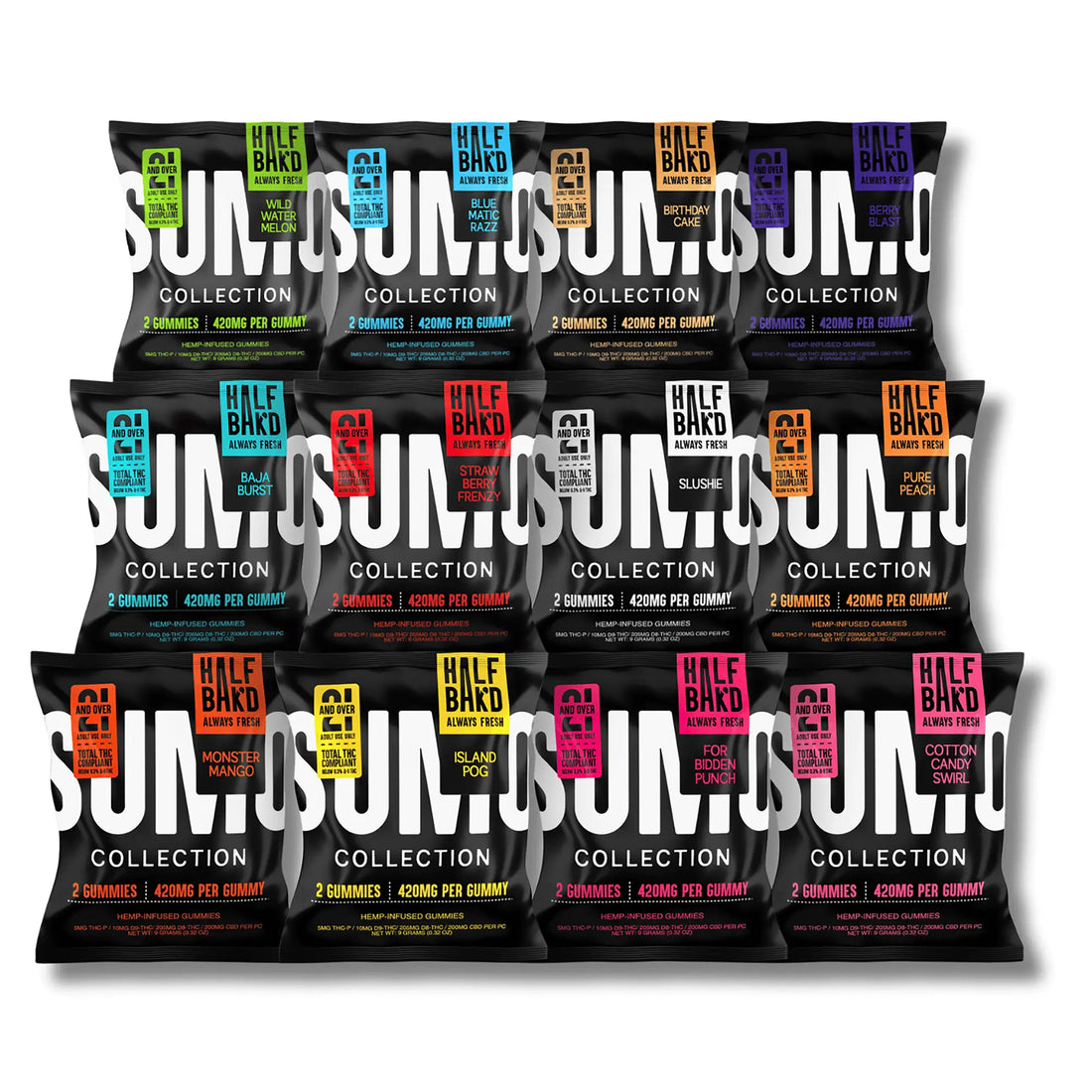A 12-pack collection of Half Baked Gummies bags arranged in a 3x4 grid on a white background. Each black bag features a different vibrant color block representing the flavor (green, blue, red, orange, yellow, purple, pink, brown, and black).