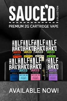 Promotional image of 'Sauced' vape cartridges with colorful packaging on a black background.
