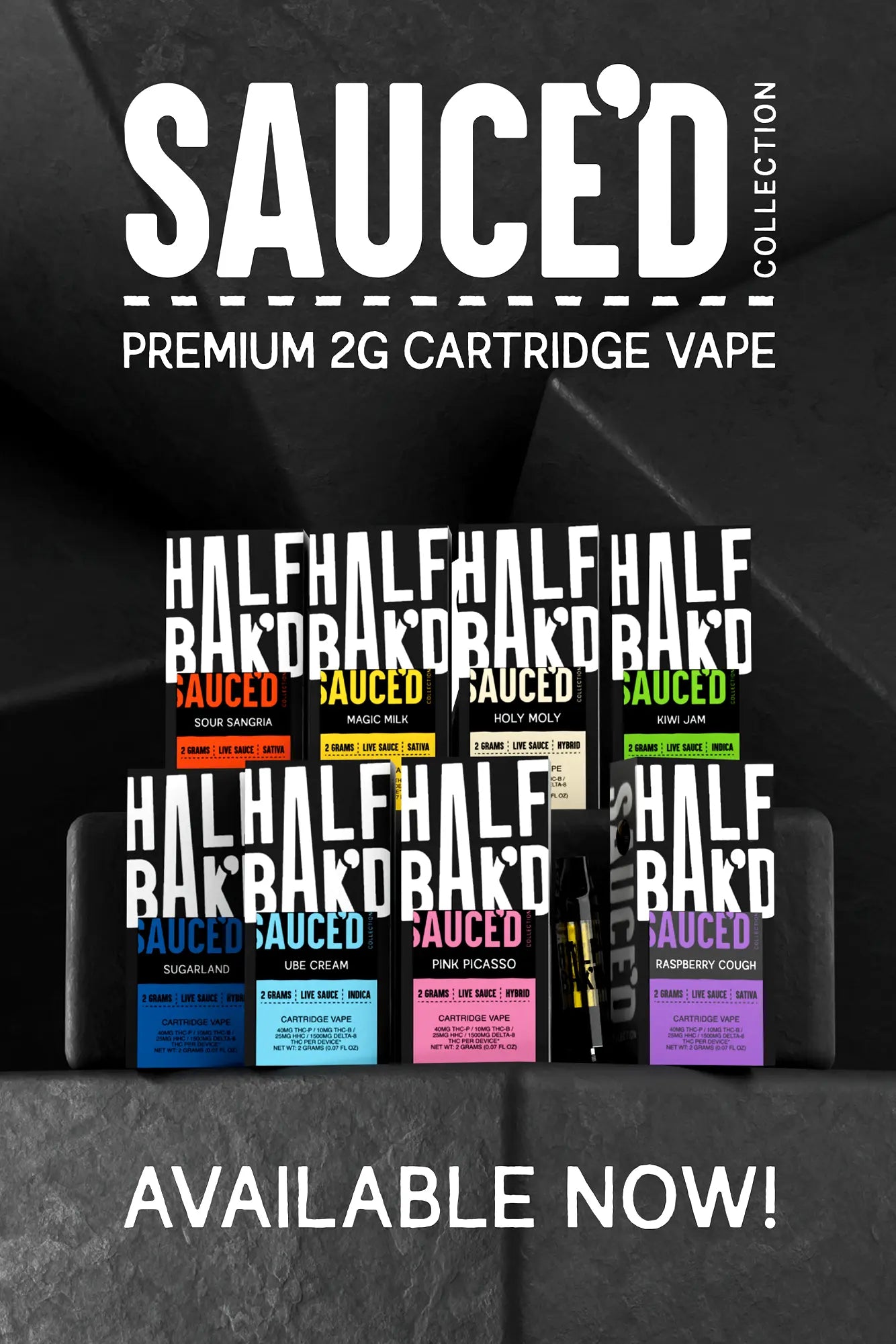 Promotional image of 'Sauced' vape cartridges with various flavors on a dark background.