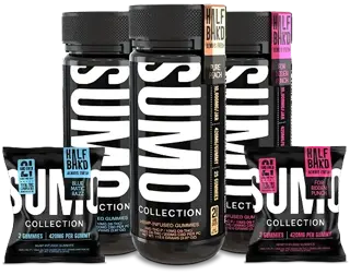 SUMO Collection fitness product lineup featuring three black supplement bottles with black lids and three matching black snack bags with colorful labels, arranged on a plain white background.